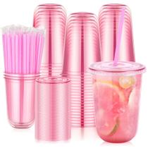 Copos para Beber tchrules 470ml Rosa Transparente com Tampas e Canudos Copos para Beber tchrules 470ml Rosa Transparente com Tampas e Canudos