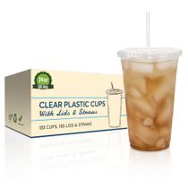 Copos plásticos descartáveis SafeWare Clear 700mL com tampas e canudos Copos plásticos descartáveis SafeWare Clear 700mL com tampas e canudos