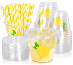 Copos plásticos descartáveis Whaline Lemon 250mL com tampas e canudos