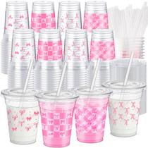 Copos plásticos Jingmore Coquette 350mL com tampas e canudos x100 Copos plásticos Jingmore Coquette 350mL com tampas e canudos x100