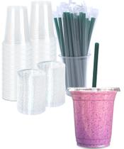 Copos Plásticos Transparentes de 355 ml com Tampas e Canudos, Copos Descartáveis para Bebidas Frias, Café Gelado, Milkshakes, Smoothies, 25 Conjuntos