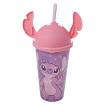 Copos Stitch e Angel 500ml Com Tampa Ludica Canudo Orelhinha para Refri Bpa Free Disney Lembrancinha Festa
