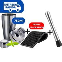Coqueteleira Inox 750ml + Tapete Escorredor de Louça + Socador Macerador Drinks