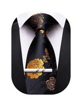 Corbata Barry.Wang Negra con Clip Dorado y Estampado Floral 150 cm Corbata Barry.Wang Negra con Clip Dorado y Estampado Floral 150 cm