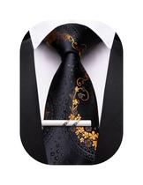 Corbata Barry.Wang Negra con Clip, Estampado Floral Dorado de 150 cm Corbata Barry.Wang Negra con Clip, Estampado Floral Dorado de 150 cm