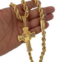 Cordão 10Mm Baiano + Pingente Cruz Face - Banhado A Ouro 18K