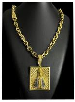 Cordão 12mm cadeado + nossa senhora cravejado banhado a ouro