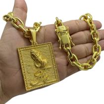 Cordão 14mm Cadeado + Pingente Fé - Banhado a ouro 18k