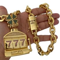 Cordão 18Mm Cadeado + Pingente 777 - Banhado A Ouro Cordão 18Mm Cadeado + Pingente 777 - Banhado A Ouro