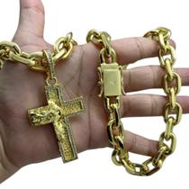 Cordão 18mm Cadeado + Pingente Cruz Jesus - Banhado a ouro