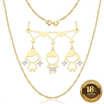 Cordão 45cm Com Canga E Pingentes filhos Meninas e Menino Ouro 18k (2 Meninas e 1 Menino)