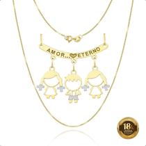 Cordão 45cm Com Canga E Pingentes filhos Meninas e Menino Ouro 18k (2 Meninas e 1 Menino)