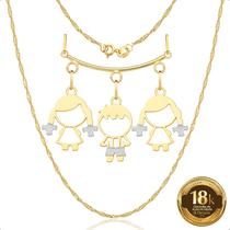 Cordão 50cm Com Canga e Pingentes Filhos Meninas e Menino Ouro 18k (2 Meninas e 1 Menino)