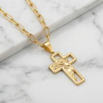 Cordão 5mm Meia Cana + Pingente Cruz Face - Banhado a ouro