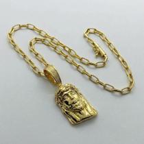 Cordão 5mm Meia Cana + Pingente Jesus - Banhado a ouro