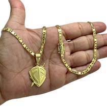 Cordão 5mm Piastrine + Pingente Fé Escudo - Banhado a ouro
