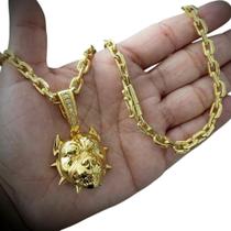 Cordão 6Mm Cadeado + Pingente Pitbull - Banhado A Ouro