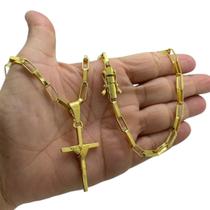 Cordão 6Mm Tijolinho + Pingente Cruz Fio - Banhado A Ouro