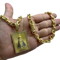 Cordão 8mm Cadeado + Pingente Nossa Senhora - Banhado a ouro