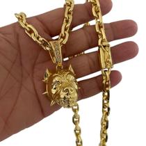 Cordão 8Mm Cadeado + Pingente Pitbull - Banhado A Ouro