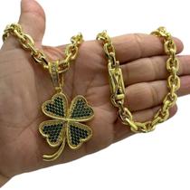 Cordão 8Mm Cadeado + Pingente Trevo Da Sorte Banhado A Ouro Cordão 8Mm Cadeado + Pingente Trevo Da Sorte Banhado A Ouro