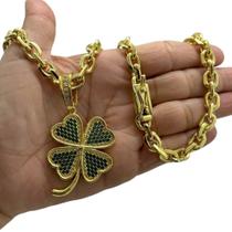 Cordão 8mm Cadeado + Pingente Trevo Da Sorte Banhado a ouro Cordão 8mm Cadeado + Pingente Trevo Da Sorte Banhado a ouro