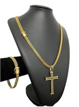 Cordão 8mm Lacraia + Pulseira + Pingente Cruz Banhado 18k