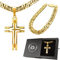 Cordão aço banhado ouro + pingente crucifixo grande + corrente banhada ouro aço + caixa casual