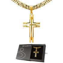 Cordão aço banhado ouro + pingente cruz grande + pingente crucifixo grande + caixa qualidade premium