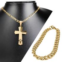 cordão aço banhado ouro + pulseira + pingente pai nosso cruz presente moda masculina religioso original oração casual cordão aço banhado ouro + pulseira + pingente pai nosso cruz presente moda masculina religioso original oração casual