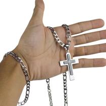 cordão aço inox corrente prata + pingente crucifixo pai nosso + pulseira moda masculina original