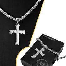 cordão aço inox prata + pingente crucifixo pai nosso original corrente presente religioso estiloso