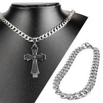 cordão aço inox prata + pulseira + pingente pai nosso cruz religioso presente social moda masculina casual original