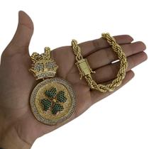 Cordão Baiano 8Mm + Pingente Trevo - Banhado A Ouro 18K