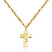 Cordão Baiano Com Pingente Cruz Face De Cristo Em Ouro 18k 45 cm