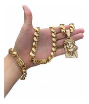 Cordão Banhado A Ouro 18 Friso S Dupla Face 12mm + Pulseira + Pingente