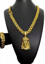 Cordão Banhado A Ouro 18k Friso 12mm Com Pulseira E Pingente Cordão Banhado A Ouro 18k Friso 12mm Com Pulseira E Pingente