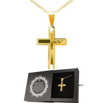cordao banhado ouro aco inox + pingente crucifixo + caixa oracao pai nosso catolico religioso social casual presente