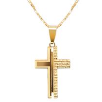 cordão banhado ouro aço + pingente crucifixo + saquinho original qualidade premium moda masculina social casual dourado