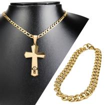 Cordão banhado ouro aço + pulseira + pingente cruz pai nosso moda masculina religioso presente