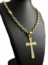 Cordão cadeado 10mm banhado a ouro + pingente cruz