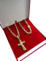Cordão Cadeado 10Mm + Pingente Cruz Cravejada Banhado A Ouro Cordão Cadeado 10Mm + Pingente Cruz Cravejada Banhado A Ouro