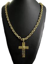 Cordão cadeado 12mm + pingente cruz pai nosso banhado a ouro