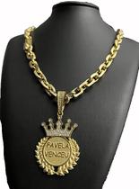 Cordão cadeado 12mm + pingente favela venceu banhado a ouro