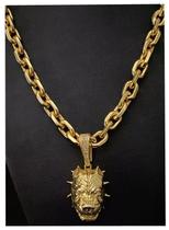 Cordão Cadeado 12mm + Pingente Pitbull Banhado Ouro