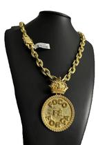 Cordão Cadeado 14mm + Pingente Força Foco Fé Banhado a Ouro
