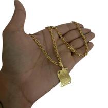 Cordão Cadeado 3mm + Pingente Rosto Cristo - Banhado a Ouro Cordão Cadeado 3mm + Pingente Rosto Cristo - Banhado a Ouro