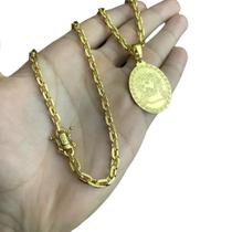 Cordão Cadeado 5mm + Pingente Jesus - Banhado a Ouro 18k