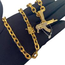 Cordão Cadeado 8mm + Pingente Ak - Banhado a Ouro Cordão Cadeado 8mm + Pingente Ak - Banhado a Ouro