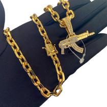 Cordão Cadeado 8mm + Pingente Ak - Banhado a Ouro Cordão Cadeado 8mm + Pingente Ak - Banhado a Ouro